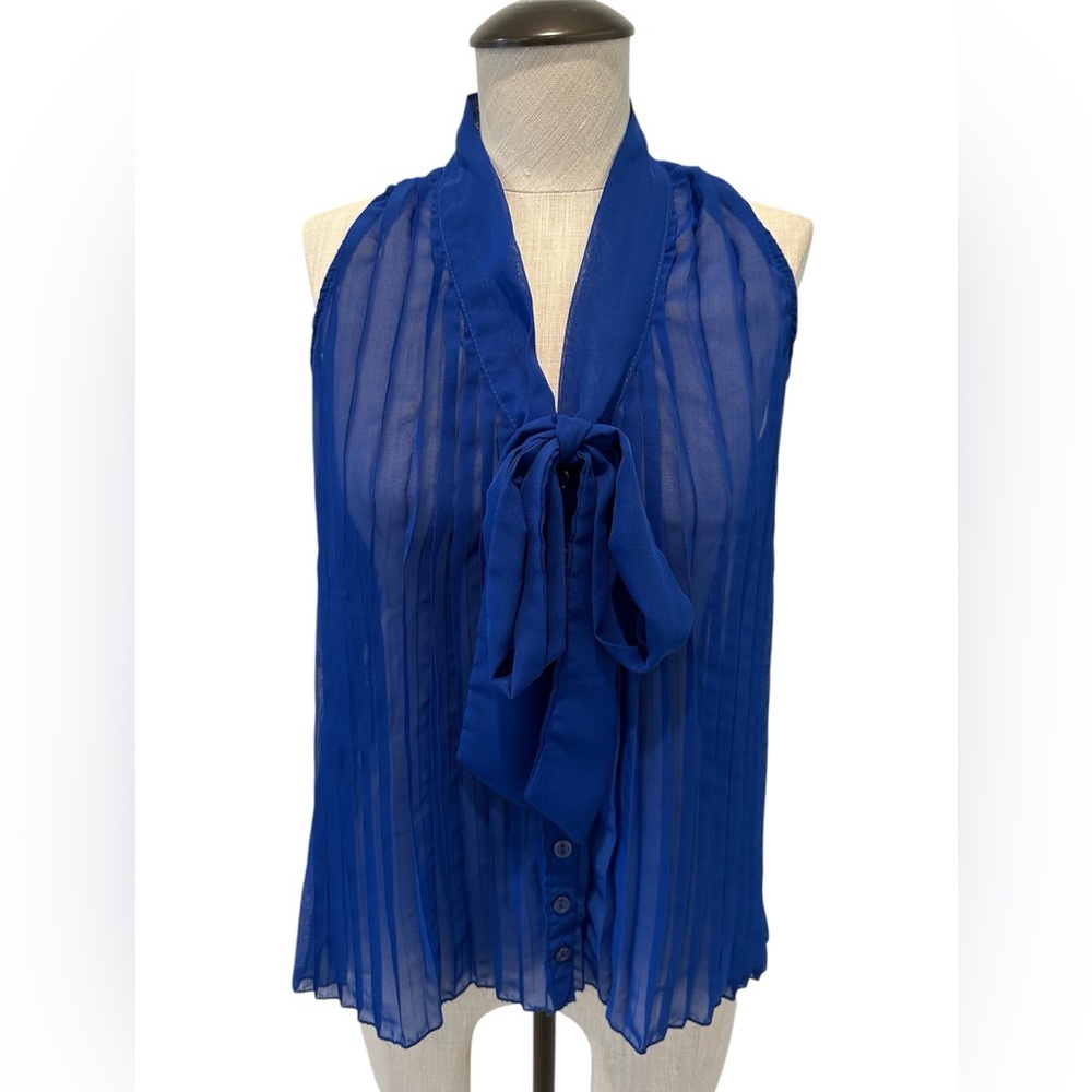 Paper Tee Royal Blue Sheer Blouse with Bow - Size Small